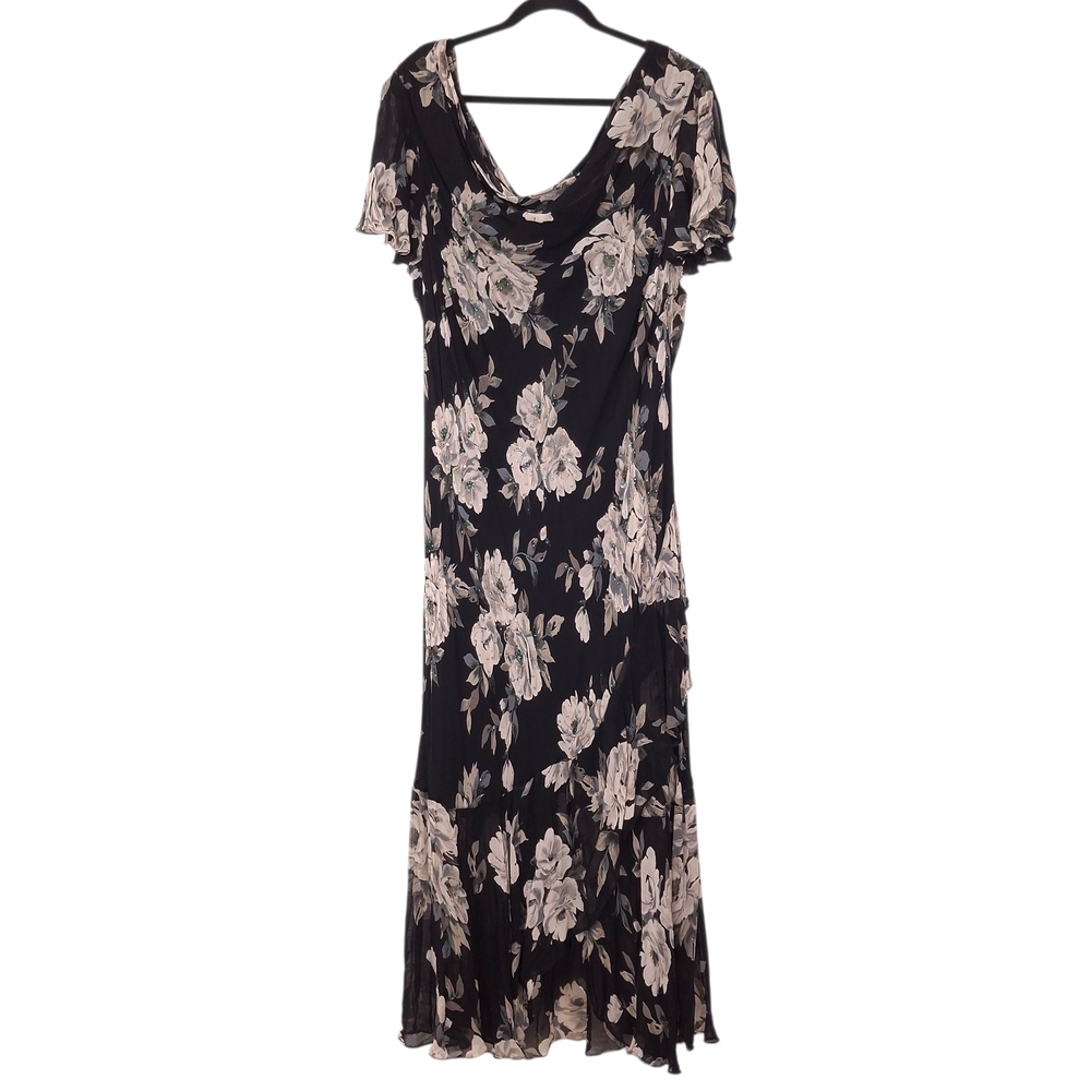 Eva Blue vtg Y2K midi dress cowl neck fairy dark floral whimsigoth beaded black